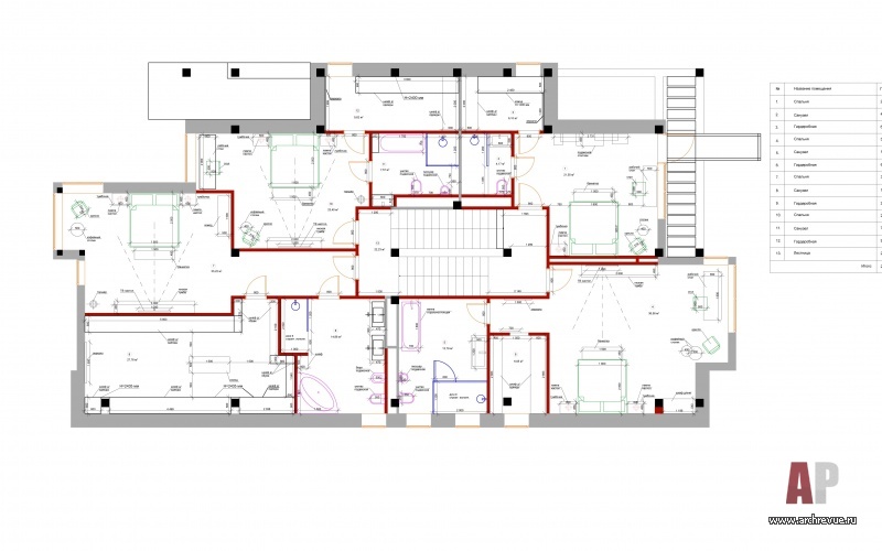 План 3 этажа частного жилого дома с многоуровневой планировкой.
