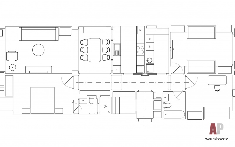 Планировка семейной квартиры площадью 140 кв. м с тремя спальнями и общей гостиной.