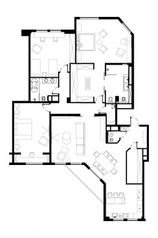 Планировка семейной квартиры, созданной путем объединения двух соседних квартир.