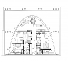 План 4-х комнатной квартиры с радиусной фасадной стеной, панорамным остеклением и террасой на крыше. Общая площадь - 286 кв. м.
