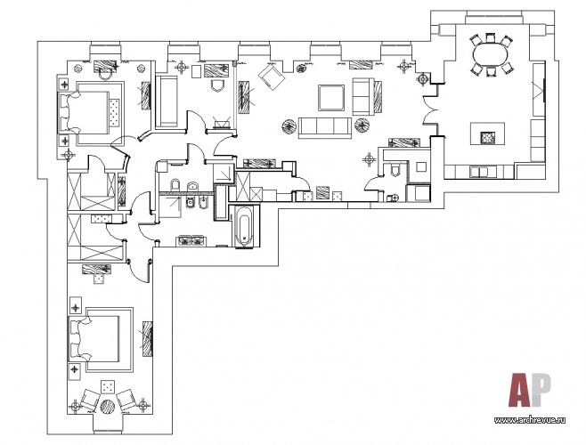 Планировка 4-х комнатной квартиры с парадной анфиладой для семьи с двумя детьми.