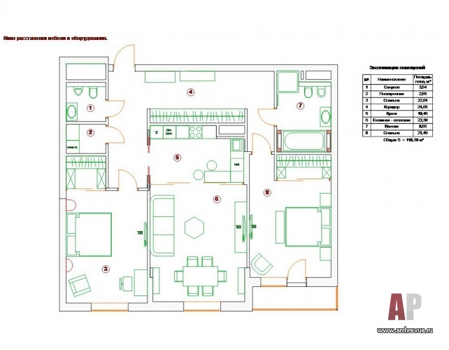 Планировка 3-х комнатной квартиры в Хамовниках для семьи, которая постоянно проживает за городом.