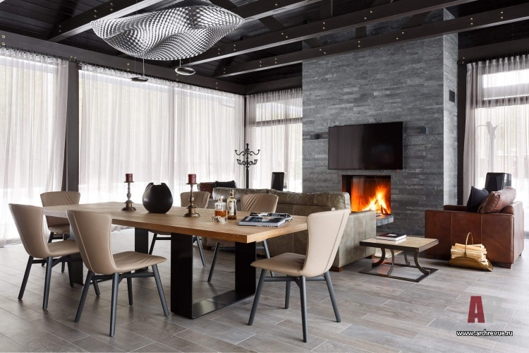 Фото интерьера каминной гостевого дома в стиле шале