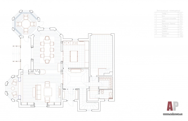 Планировка 1 этажа 3-х этажного семейного дома в эклектичном стиле.