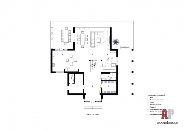 Планировка 1 этажа 2-х этажного дома для сезонного отдыха площадью 270 кв. м.