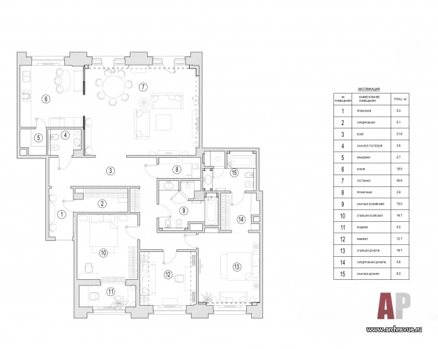 Планировка семейной квартиры в ЖК «Итальянский квартал» с тремя санузлами и общей парадной гостиной.
