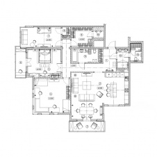Планировка квартиры с тремя спальнями и общей гостиной, столовой и кухней в новостройке.