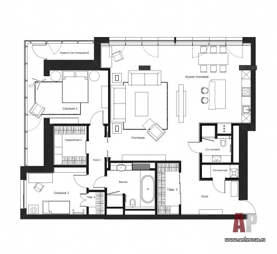 Планировка 3-х комнатной видовой квартиры на 24 этаже.
