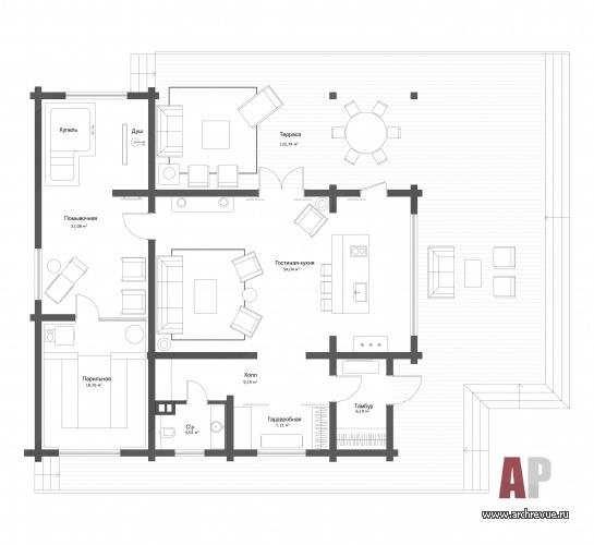 Планировка деревянного дома с банным комплексом площадью 140 кв. м.
