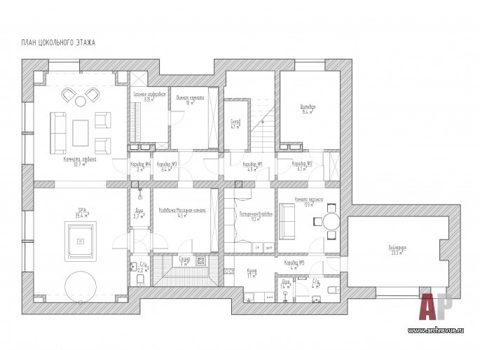 Планировка цокольного этажа 3-х этажного дома для семьи с тремя детьми.