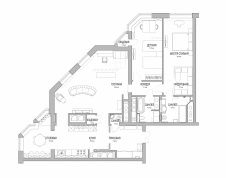 Планировка 3-х комнатной квартиры с общей гостиной и проходной кухней.