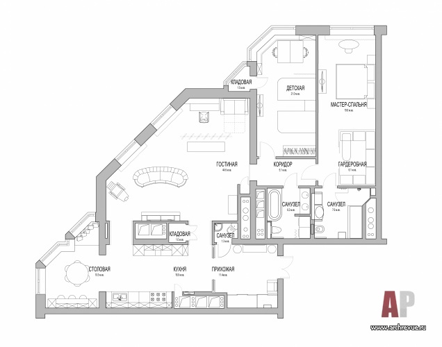 Планировка 3-х комнатной квартиры с общей гостиной и проходной кухней.