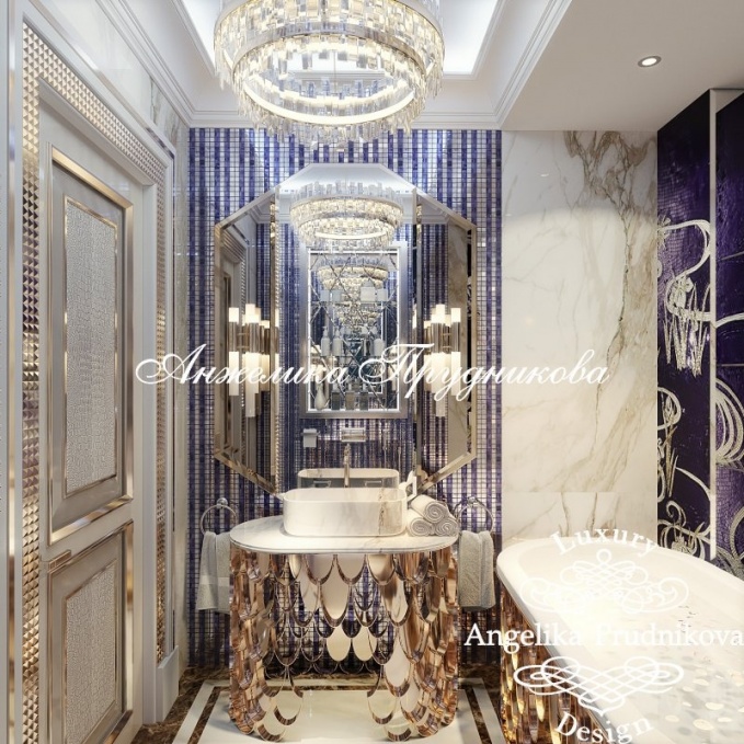 Дизайн-проект интерьера ванной комнаты в лиловых оттенках в ЖК Алые Паруса