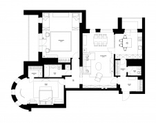 Планировка 3-х комнатной квартиры с общей гостиной-столовой для семьи с двумя детьми.