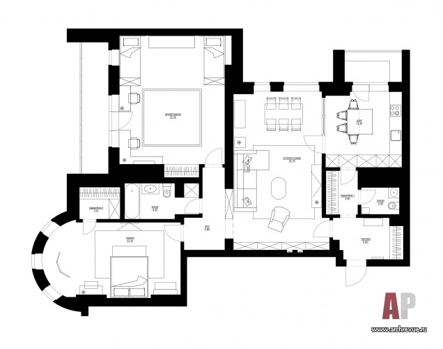 Планировка 3-х комнатной квартиры с общей гостиной-столовой для семьи с двумя детьми.