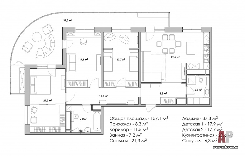 Планировка 4-х комнатной квартиры в ЖК «Балтийская жемчужина» в Санкт-Петербурге.