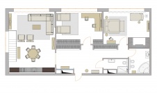 Планировка пентхауса с двумя спальнями, общей гостиной-кухней и верандой на верхнем уровне.