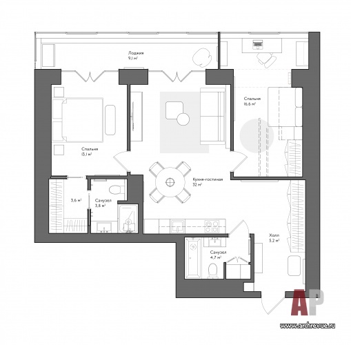 План трехкомнатной квартиры с большой лоджией. Общая площадь – 88 кв. м.