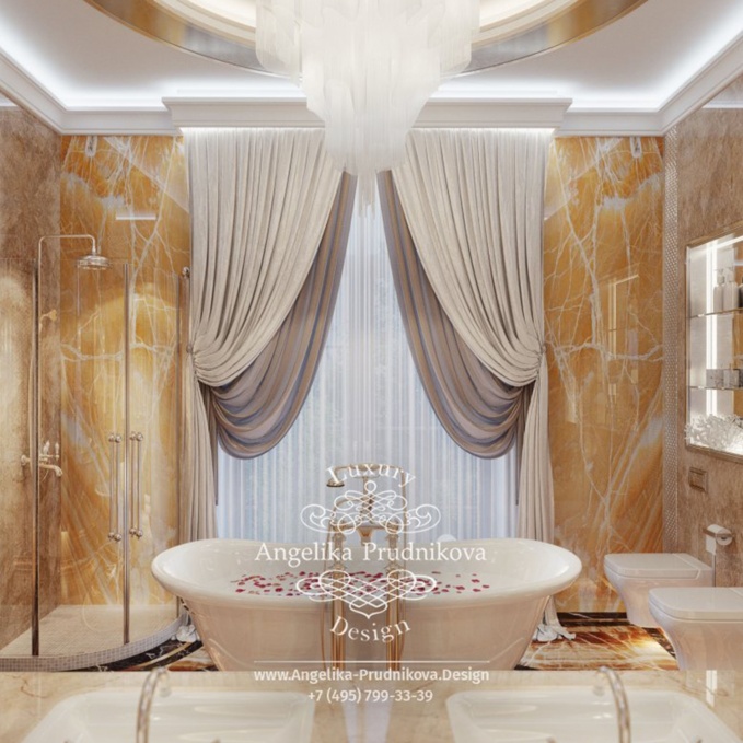 Дизайн-проект интерьера ванной комнаты с ониксом в КП Горки-2