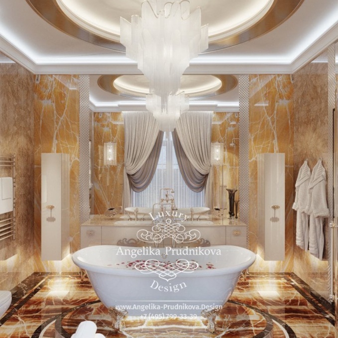 Дизайн-проект интерьера ванной комнаты с ониксом в КП Горки-2