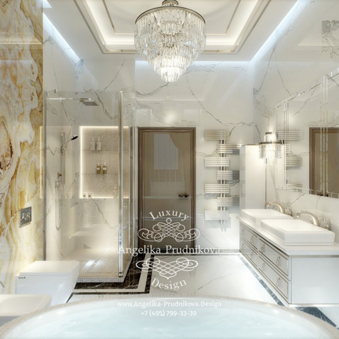 Дизайн-проект интерьера ванной комнаты с мрамором в КП Монаково