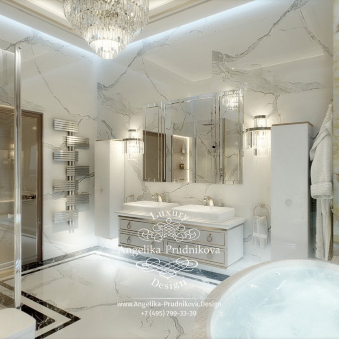 Дизайн-проект интерьера ванной комнаты с мрамором в КП Монаково