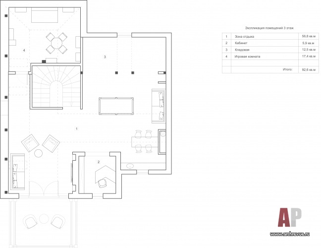Планировка мансарды 4-х уровневого дома. Общая площадь – 530 кв. м.
