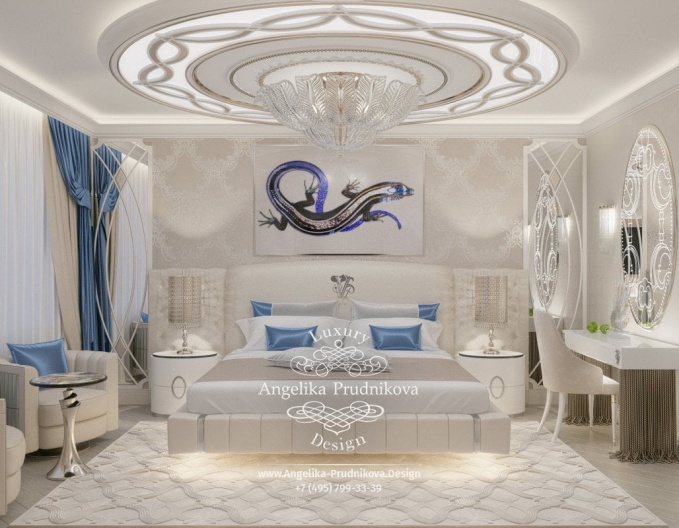 Дизайн-проект интерьера спальни в стиле ар-деко в голубых оттенках в ЖК Дубровка