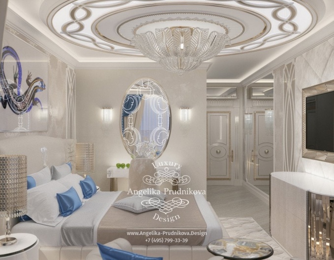 Дизайн-проект интерьера спальни в стиле ар-деко в голубых оттенках в ЖК Дубровка