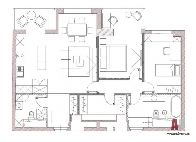Планировка 3-х комнатной квартиры, полученной в результате объединения двух соседних квартир.
