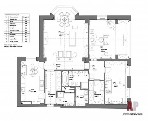 Планировка 3-х комнатной квартиры с общей гостиной-столовой.