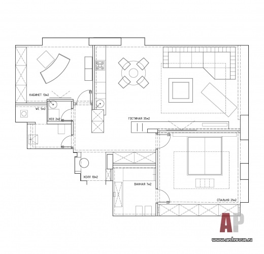 Планировка 3-х комнатной квартиры в стиле минимализм.
