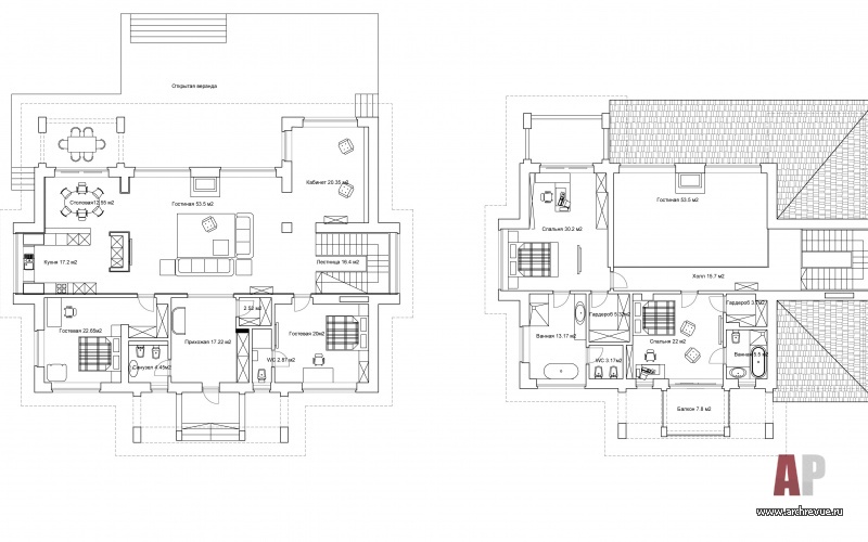 Планировка 1 и 2 этажа 2-х этажного дома, построенного по индивидуальному проекту.