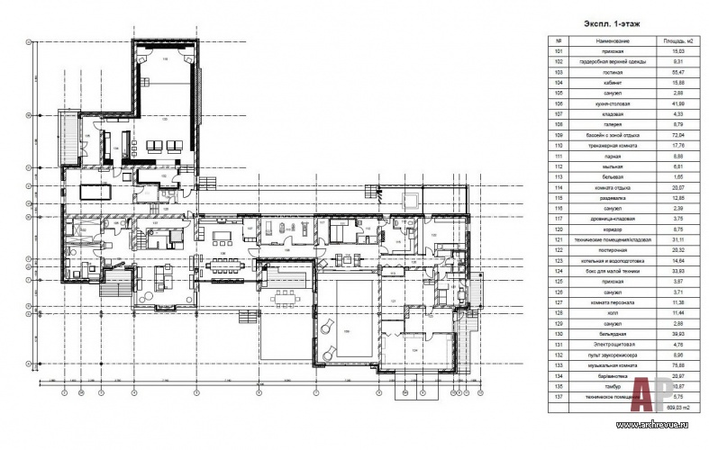 Планировка 1 этажа 2-х этажного дома с модернистской архитектурой.