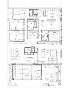 Планировка панорамного пентхауса с надстроенным стеклянным павильонным и лаунджем на крыше.