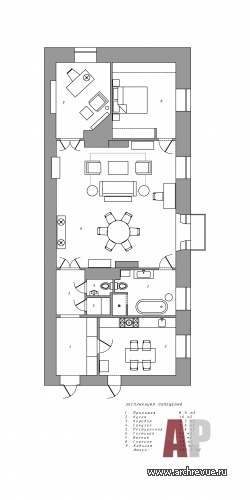 Планировка исторической 3-х комнатной квартиры с двумя изразцовыми каминами.