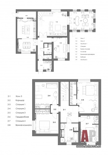 Планировка 1 и 2 этажей 2-х этажного дома в классическом стиле.