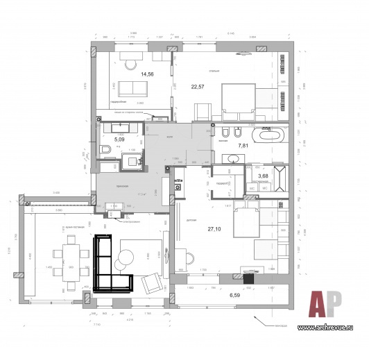 Планировка трехкомнатной квартиры, созданной в результате объединения соседних «однушки» и «трешки».