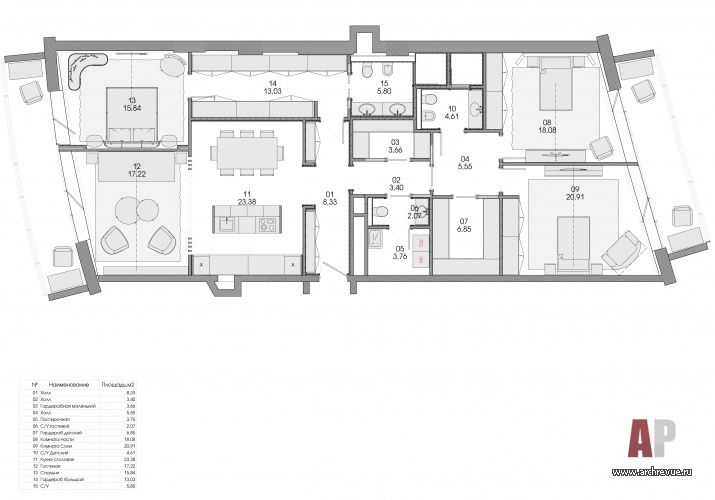 Планировка 4-х комнатной квартиры в ЖК «Садовые кварталы».