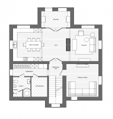 Планировка 1 этажа небольшого дома с камином.