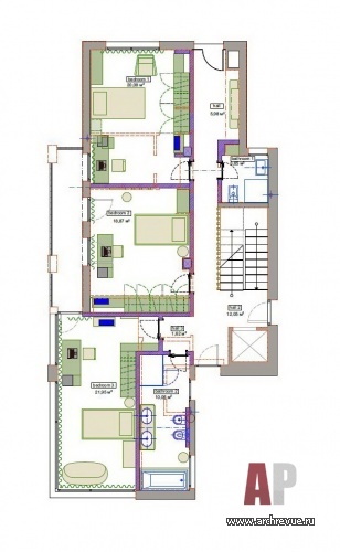 Планировка 2 этажа 3-х этажного дома с эксплуатируемым цоколем.