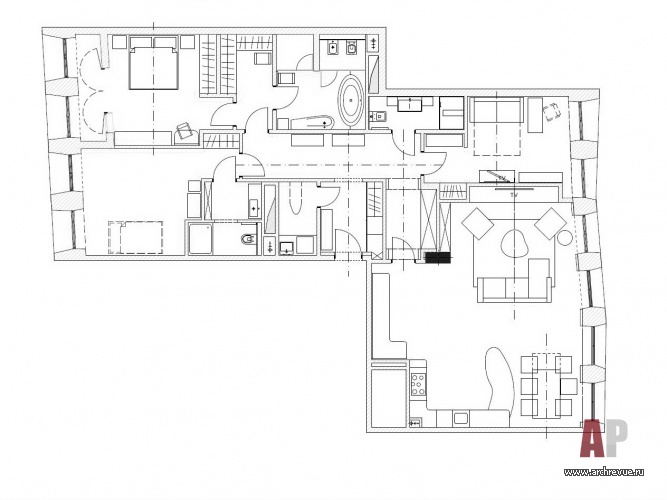 Планировка семейной квартиры с тремя спальнями и общей гостиной, столовой и кухней в ЖК «Садовые кварталы».