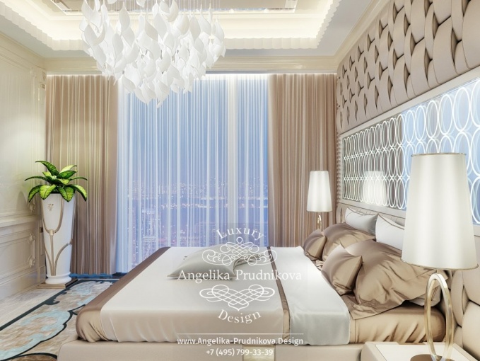 Дизайн-проект интерьера спальни в светлых тонах в ЖК Москва Сити