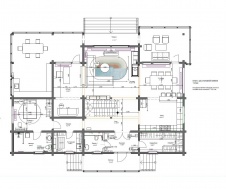 Планировка 1 этажа 2-х этажного коттеджа из клееного бруса с панорамным остеклением, вторым светом и террасами.