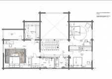 Планировка 2 этажа 2-х этажного коттеджа из клееного бруса с панорамным остеклением, вторым светом и террасами.