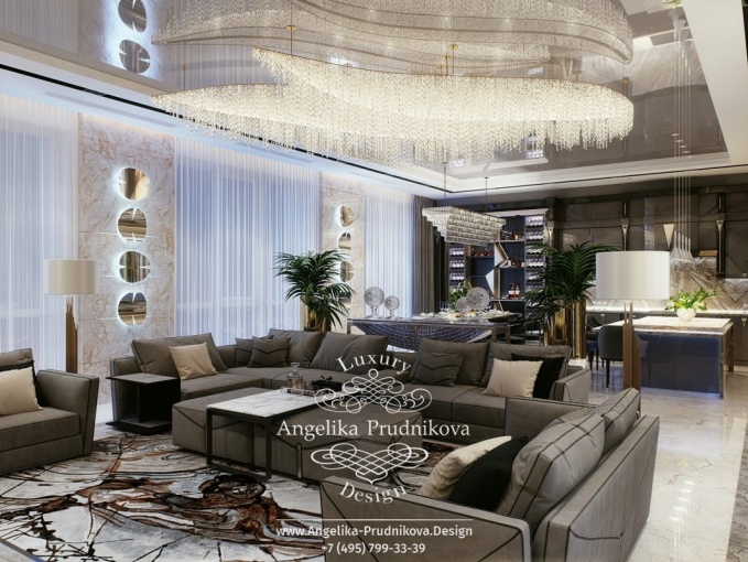 Дизайн-проект интерьера гостиной в стиле модерн с элементами ар-деко на Щукинской