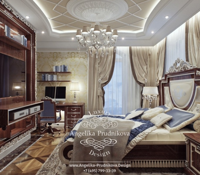 Дизайн-проект интерьера мужской спальни в загородном доме в классическом стиле