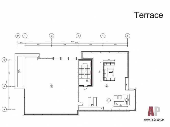 Планировка открытой террасы на крыше современного дома. Общая площадь - 687 кв. м.