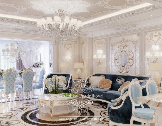 Дизайн-проект интерьера гостиной в стиле барокко в ЖК Ривьера Парус