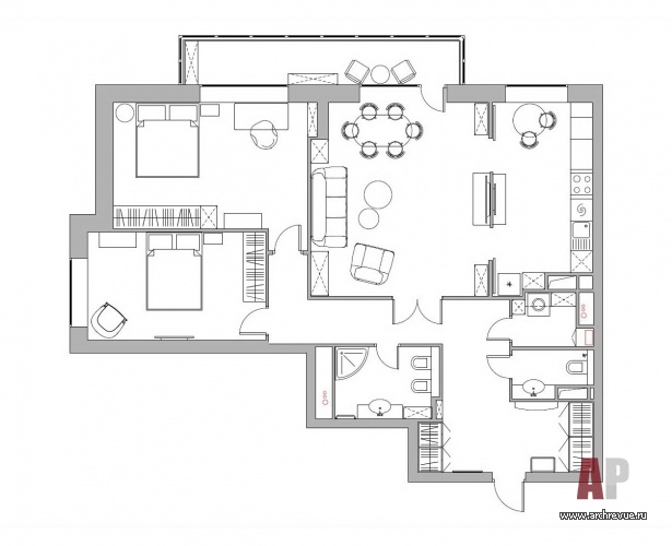 Планировка 3-х комнатной квартиры в новостройке с элементами стиля ретро и винтажными предметами.